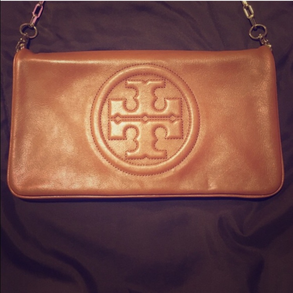 Tory Burch Bombe Reva Luggage Brown Leather Clutch